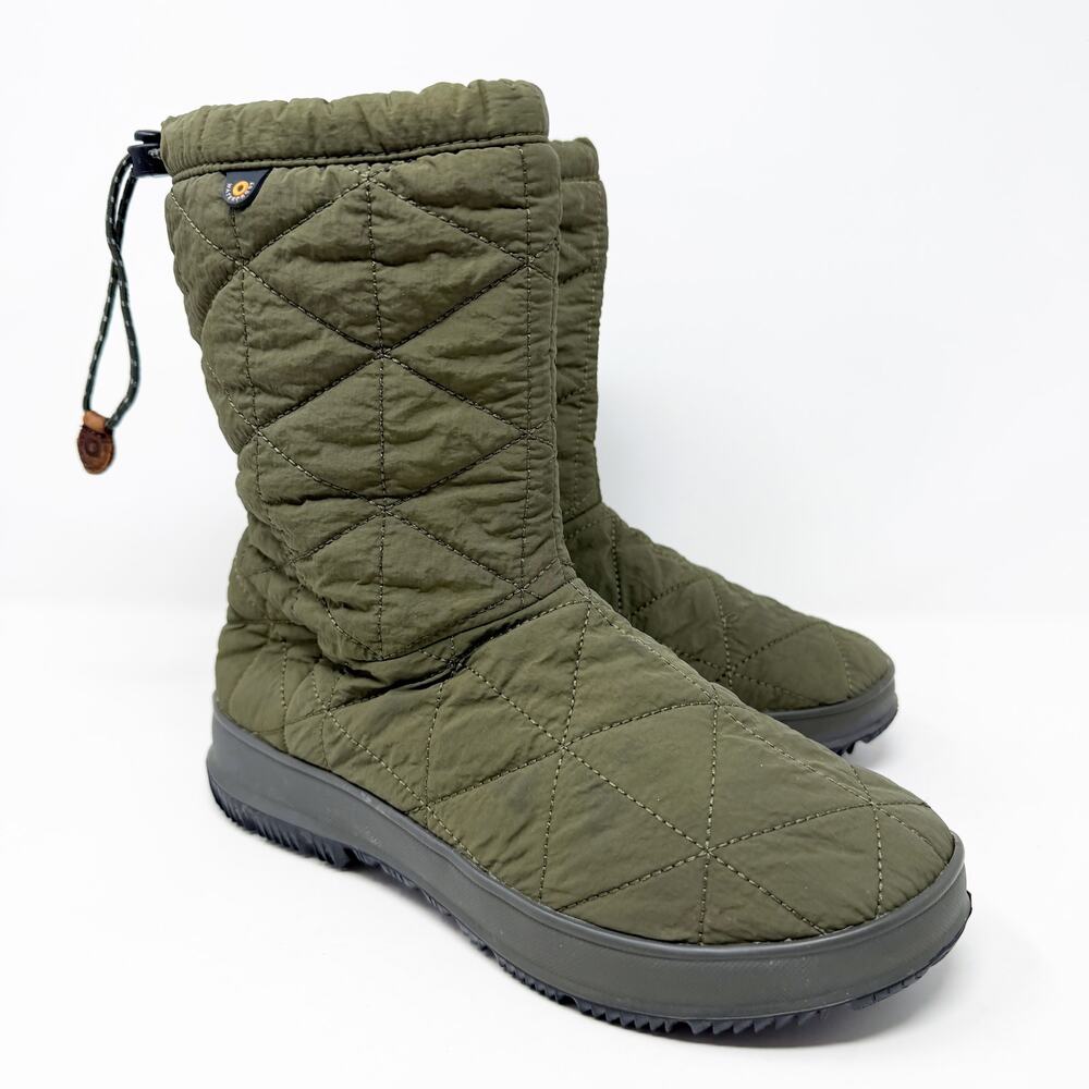 Bogs Olive Green Quilted Waterproof Snow Boots Size 8 Cinch Closure Fleece Lined